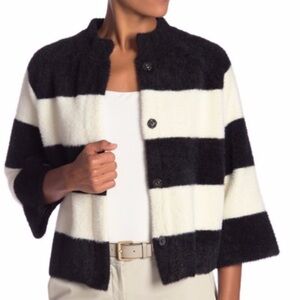 MELLODAY Mock Neck Broad Stripe Black White Fuzzy Cardigan Button Jacket